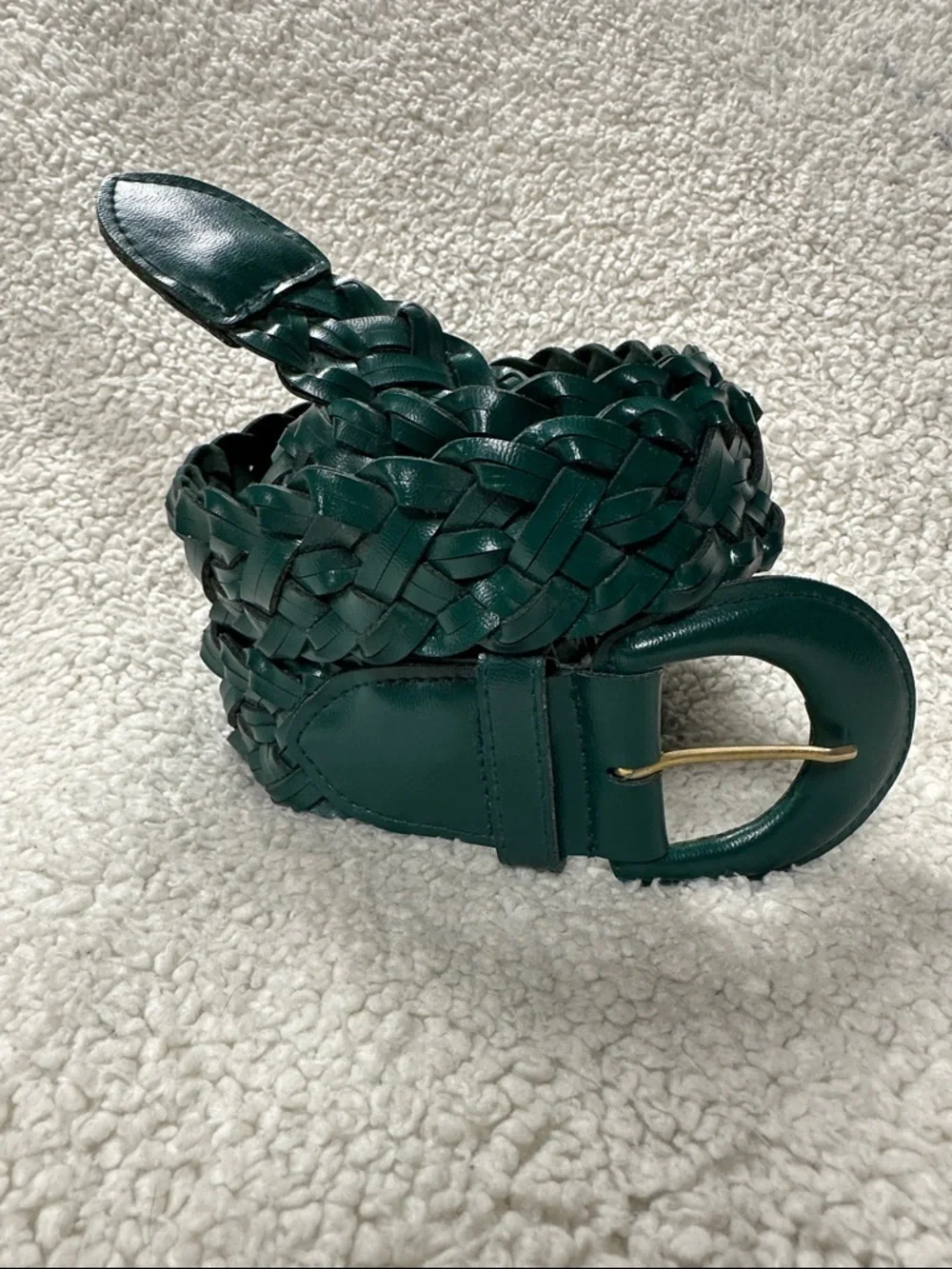 Forest Green Wide Leather Braided Woven Belt Covered Buckle Large Vintage 90s